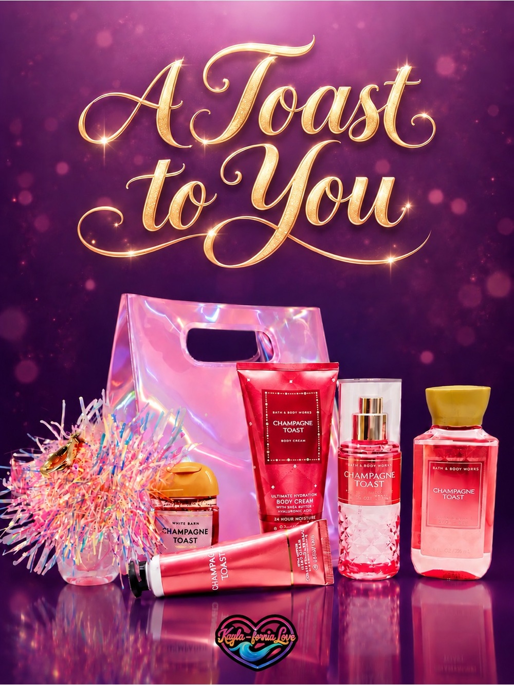 Bath & Body Works Champagne Toast 6pc Travel Gift Set Tinsel Pom Holder & Bag